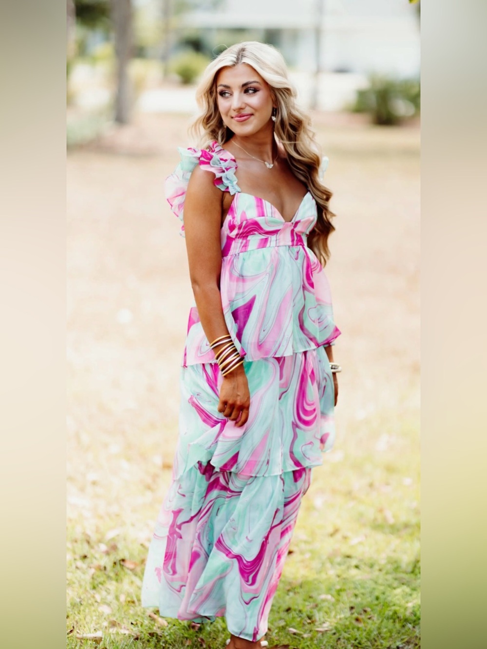 Karlie Aqua Pink Multi Swirl Organza Tiered Maxi Dress Ruffle Strap L NWT